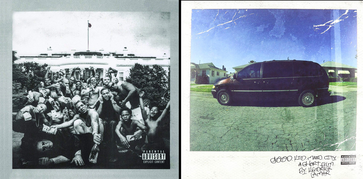 Obaly dvou alb Kendricka Lamara: To Pimp a Butterfly a Good Kid, M.A.A.D