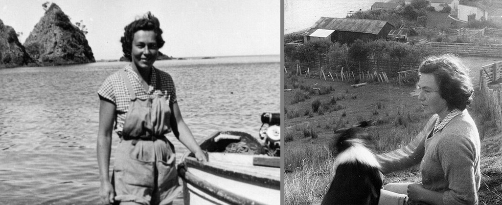 1954: vlevo Janet Whiteová na Novém Zélandě, vpravo na ostrově Aroa