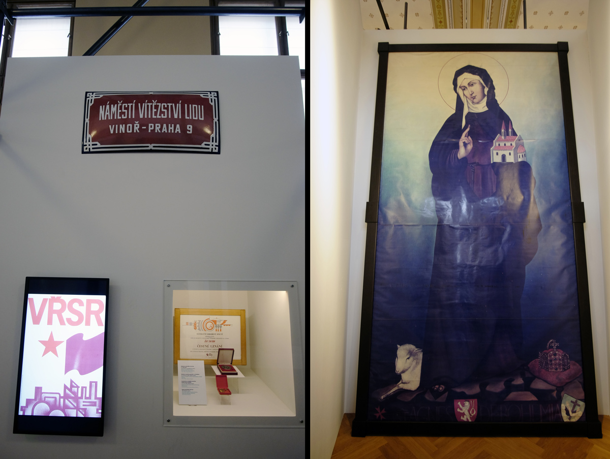 propagandistické předměty a názvy vlevo, vpravo fotografická kopie kanonizačního plátna ke svatořečení Anežky české