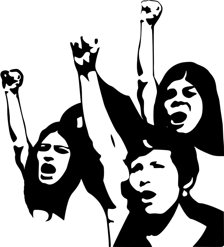 černobílá kresba tří žen manifestujících se zaťatou pravicí
