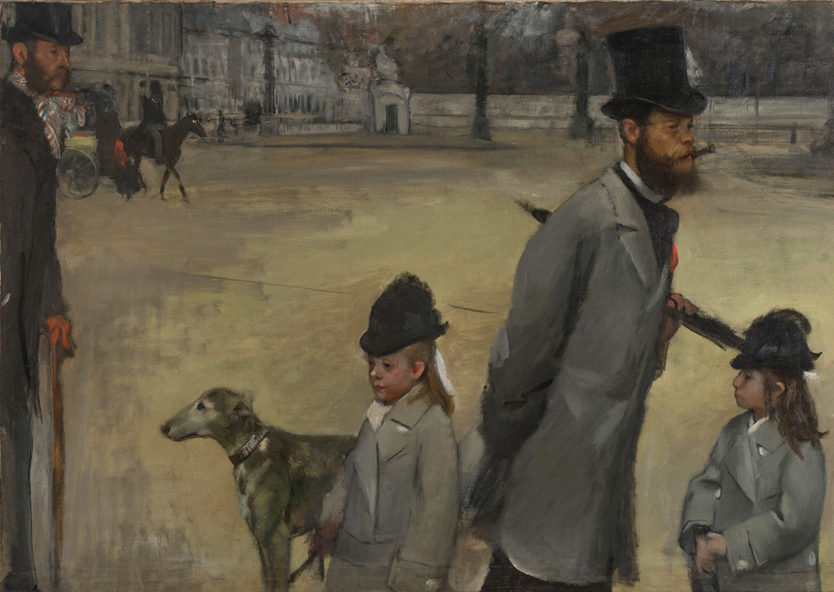 Muži, dvě dívky a pes na promenádě, obraz Place de la Condorde