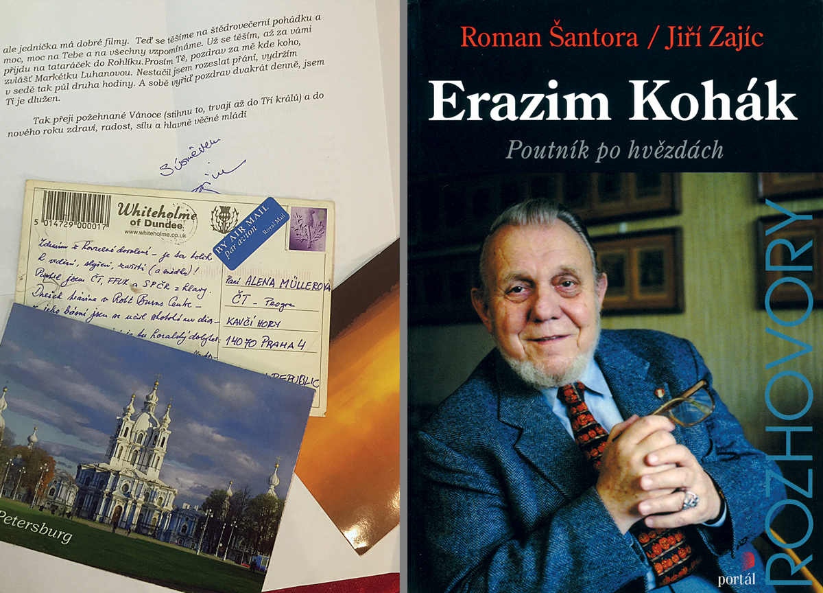 Vlevo dopisy a pohlednice od Erazima Koháka, vpravo obálka knihy rozhovorů s ním