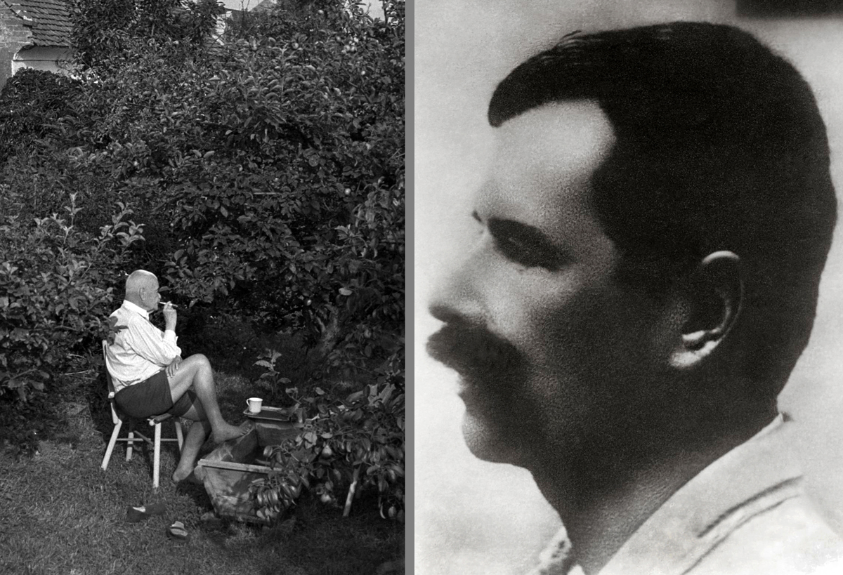 Vlevo Petr Bezruč sedící a kouřící v zahradě, vpravo portét Petra Bezruče z roku 1928