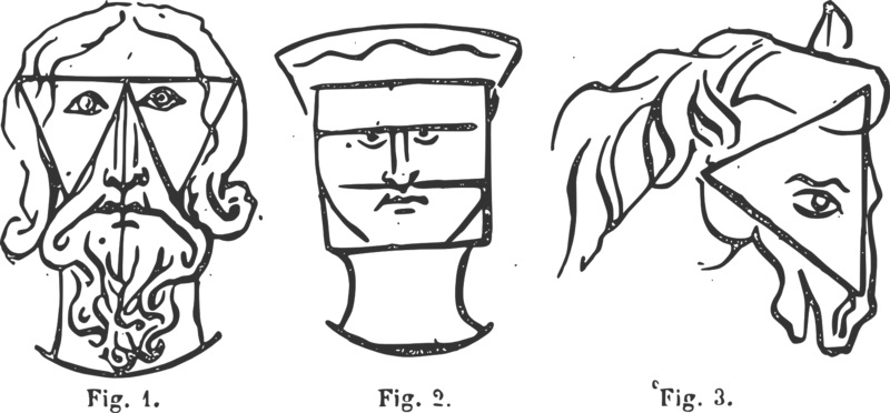 středověké kresby dvou mužských hlav a&nbsp;koňské hlavy, v&nbsp;nich vepsané geometrické tvary
