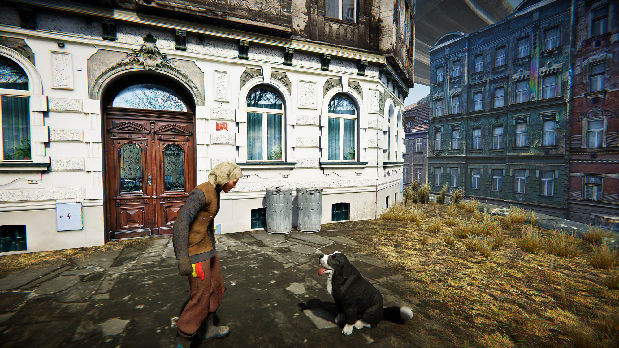 Bezdomovec a pes v prostředí pražské ulice