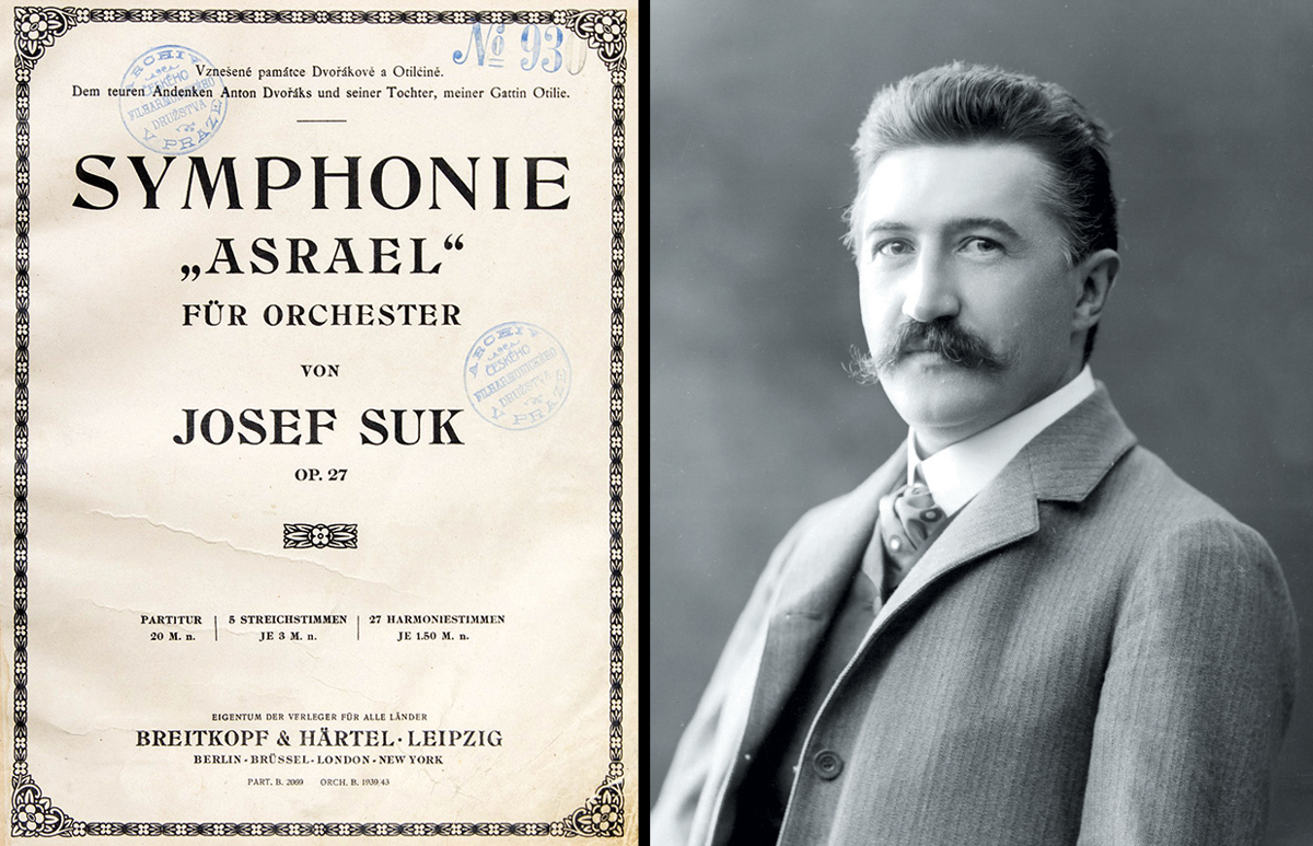 Vlevo partitura symfonie Asrael, vpravo Josef Suk v roce 1906