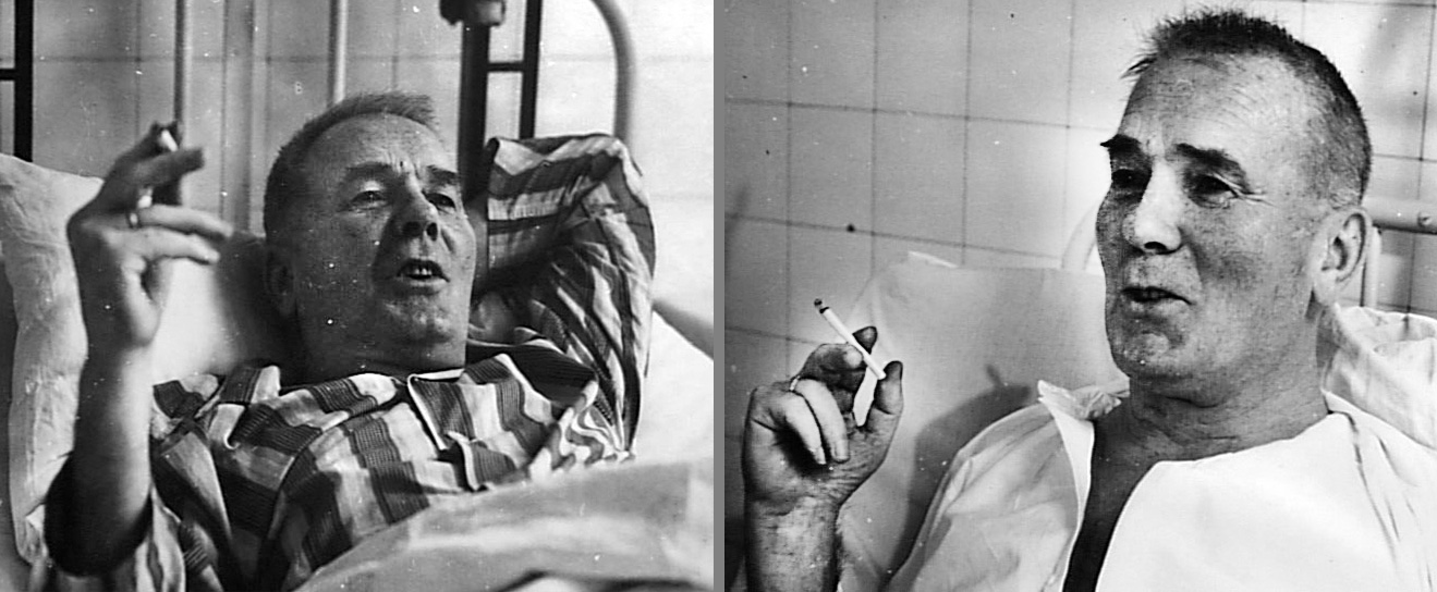 dva snímky oldřicha mikuláška s cigaretou na nemocničním lůžku