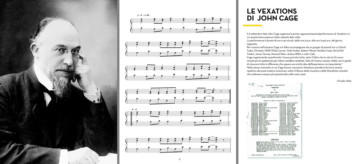 tři obrázky: Erik Satie, jeho partitura a zpráva o jeho koncertu