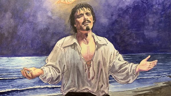 Caravaggio na pobřeží s rozpřaženýma rukama