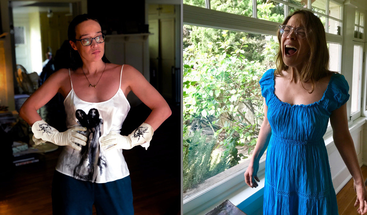 dvakrát Fiona Apple - vlevo v&nbsp;bílém tílku, vpravo v&nbsp;modrých šatech