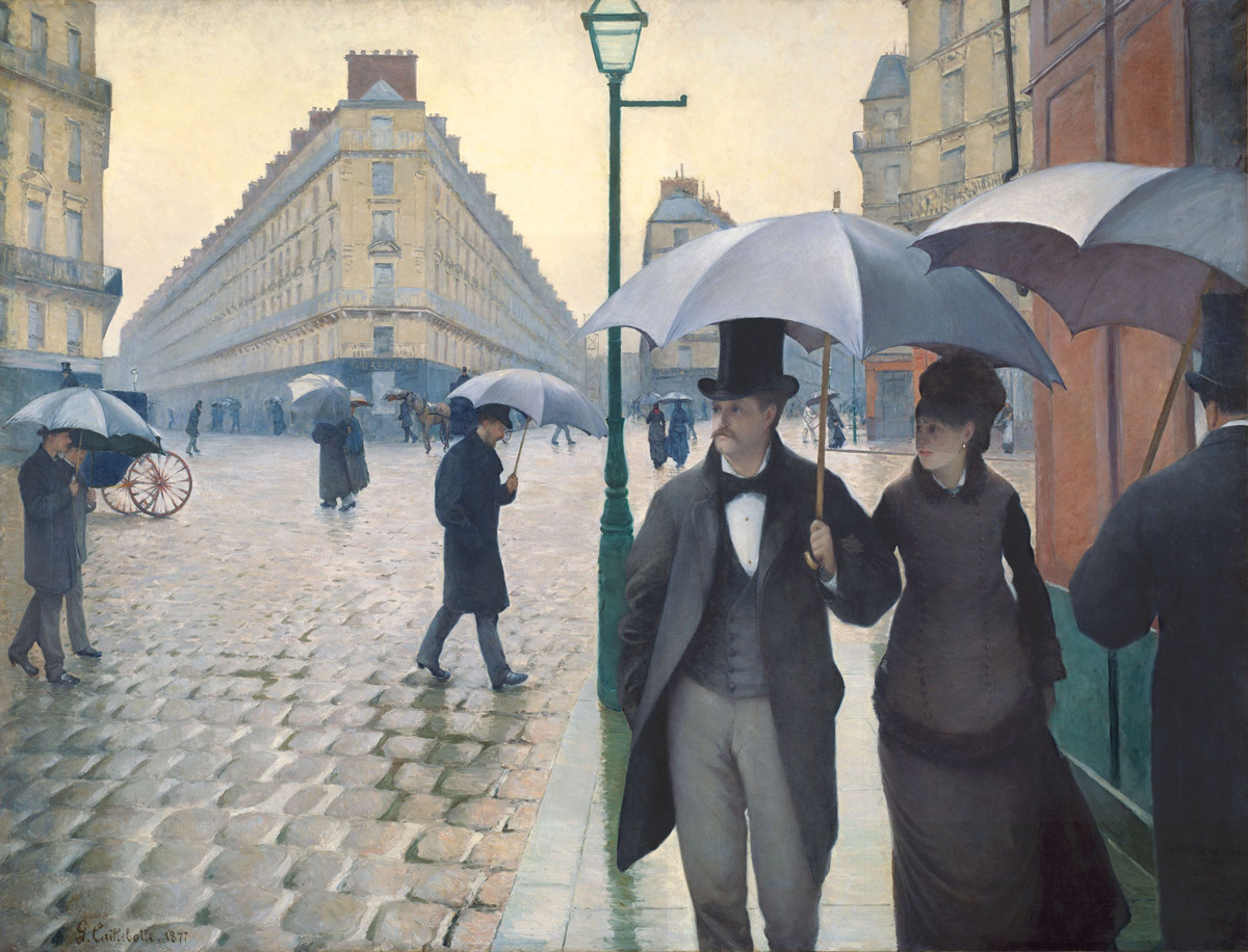 lidé s deštníky v pařížských ulicích