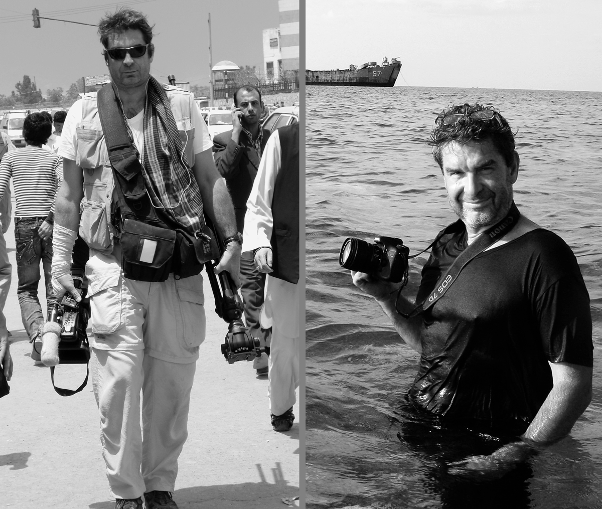 Tomáš Etzler kráčející s fotoaparátem po ulici / Tomáš Etzler s fotoaparátem do pasu pomořený v moři
