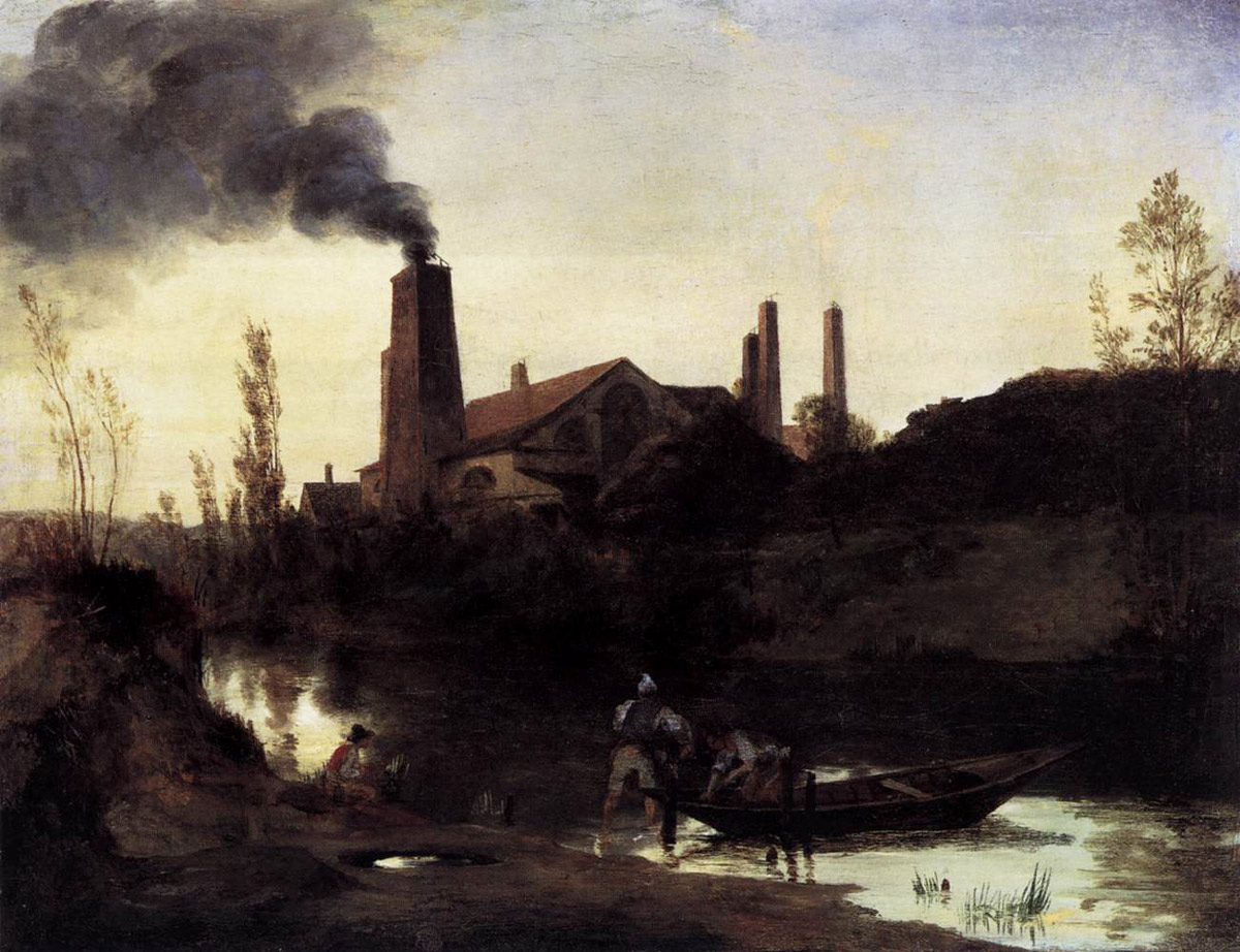 kouřící továrna na kraji řeky