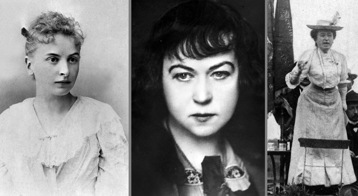 tři černobílé snímky žen, zleva Inessa Armandová, Alexandra Kollontajová, Rosa Luxemburgová
