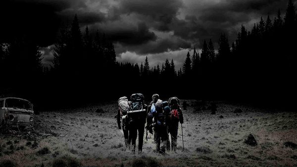 čtyři muži s batohy jdou loukou směrem k lesu