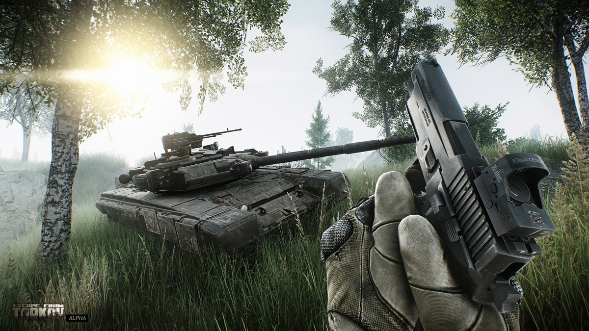 screenshot ze hry - tank a ruka držící pistoli