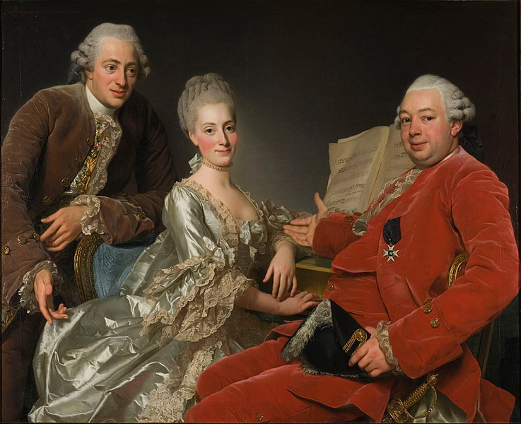 malba zachycující trojici v honosných šatech u klavíru