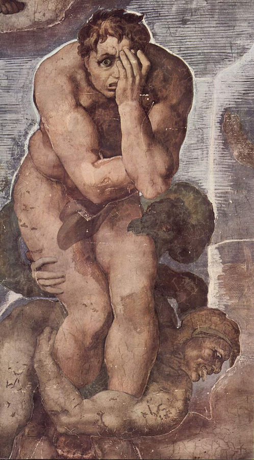 freska muže zakrývajícího se tvář, do stehna se mu zakusuje příšera, za nohy ho táhne další muž