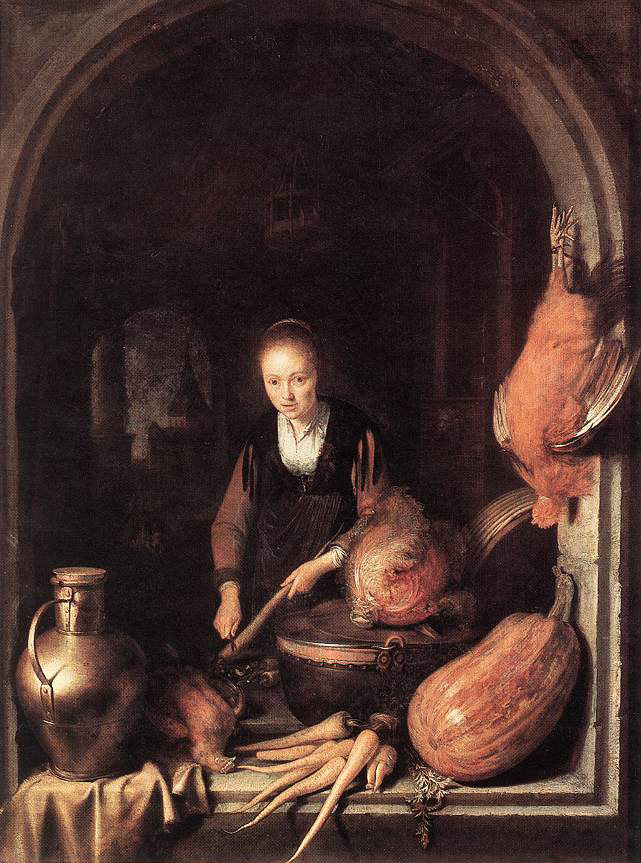 malba ženy v kuchyni, loupe mrkev
