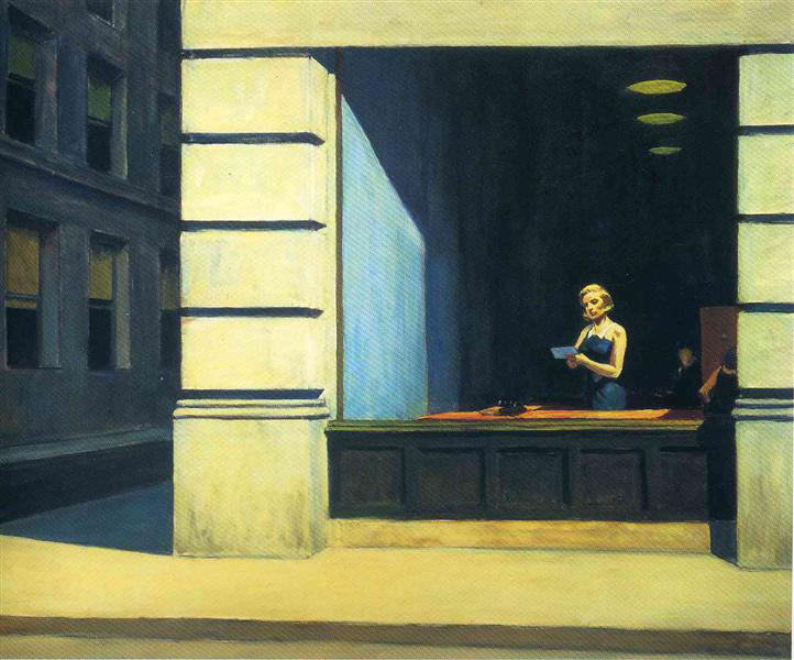 malba ženy v modrých šatech v přízemní kanceláři, pohled z ulice