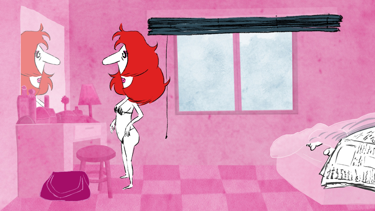 animace, žena v&nbsp;prádle se pozoruje v&nbsp;zrcadle