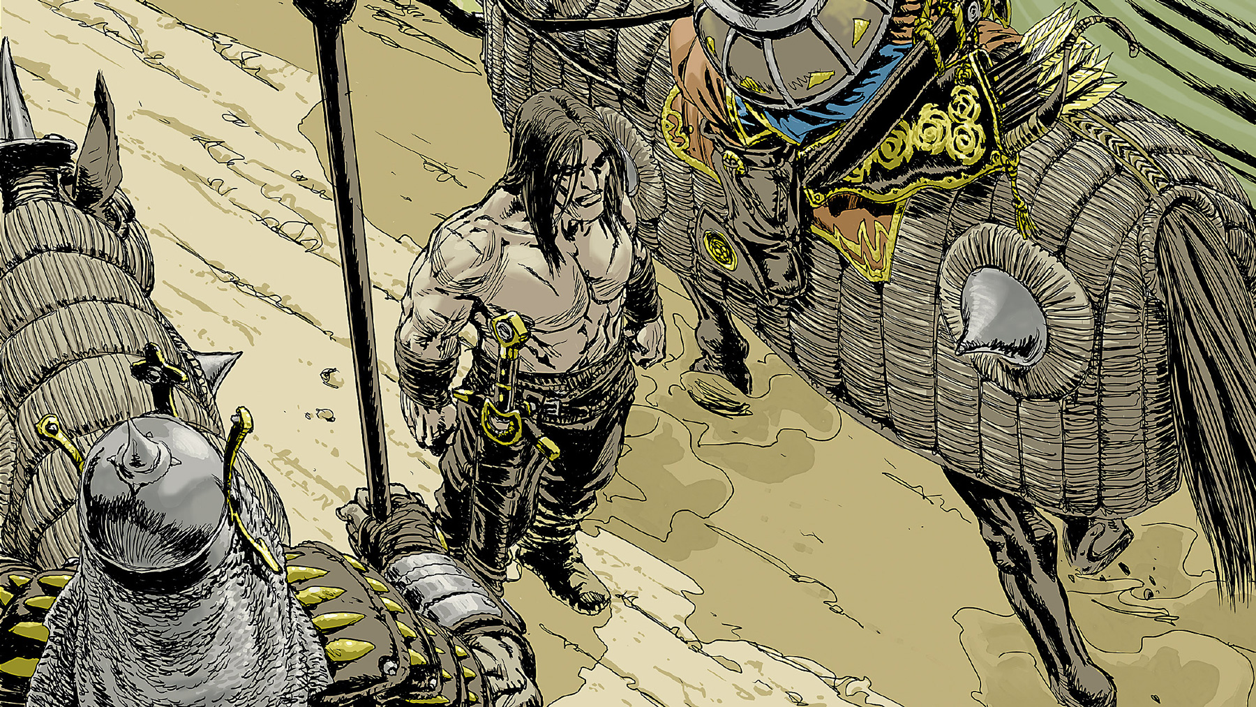 ilustrace, Conan stojící mezi dvěma rytíři na koních