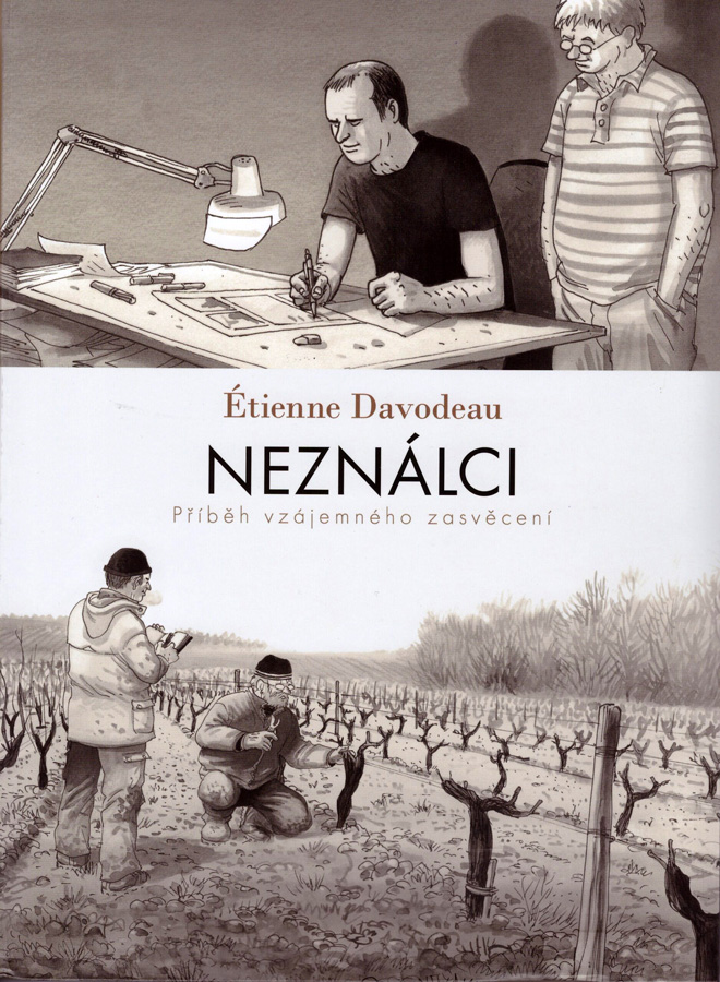 obálka knihy, ilustrace - nahoře dva muži u kreslířského stolu, dole dva muži pracující ve vinohradu