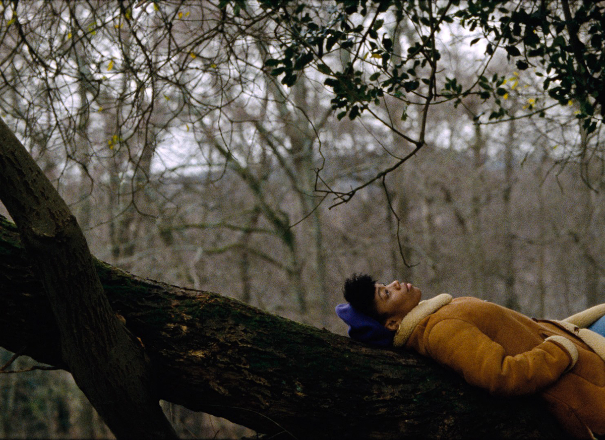žena ležící na kmenu stromu