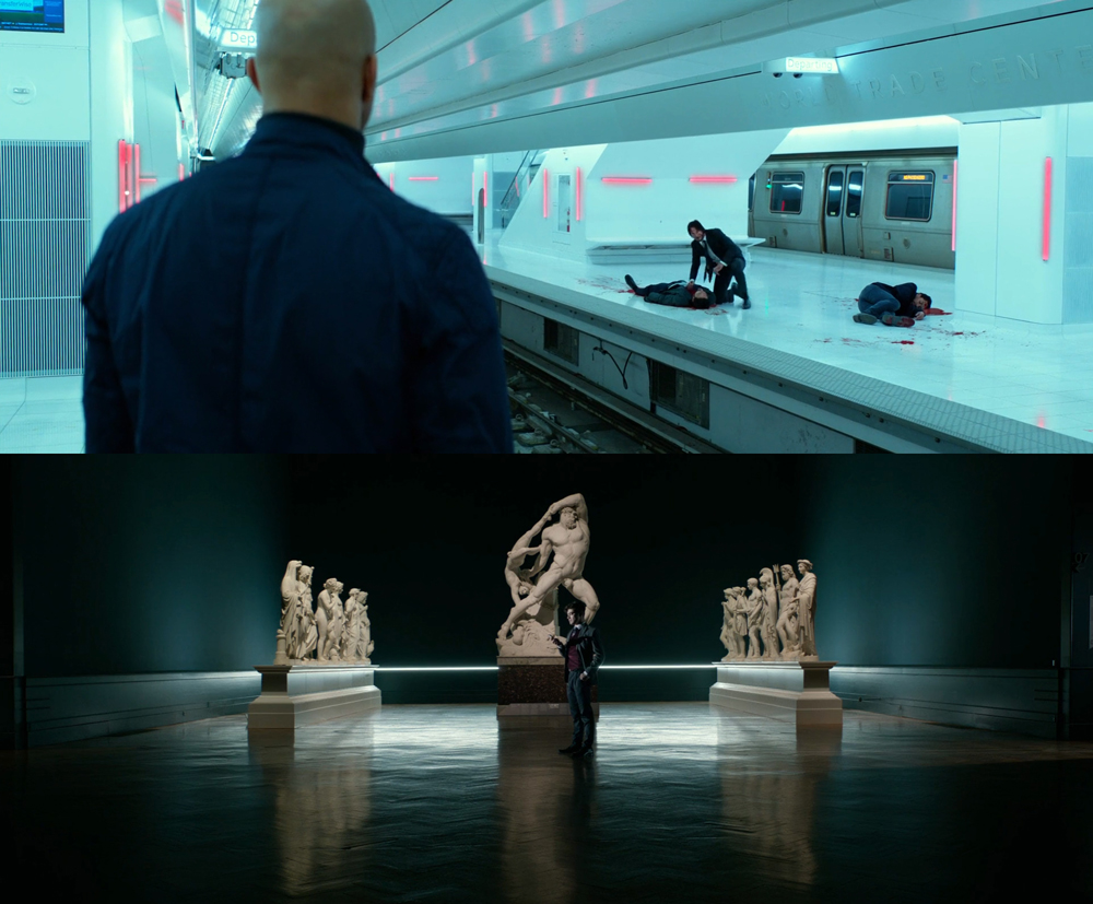 dva snímky, nahoře: přestřelka v&nbsp;metru, dole: instalace antických soch