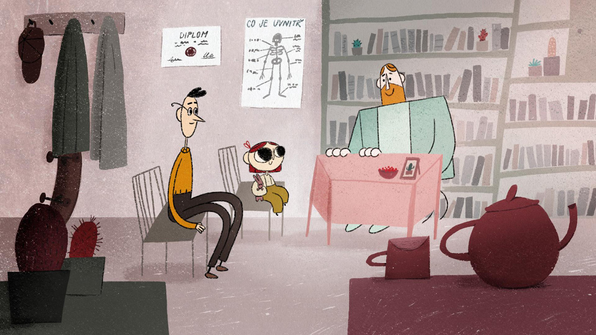 animace, otec a dívka hovoří v ordinaci s lékařem