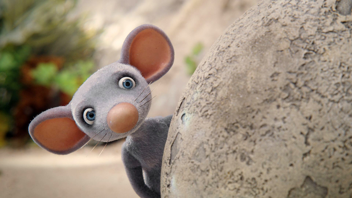 animace, zpoza kamene vykukující myš