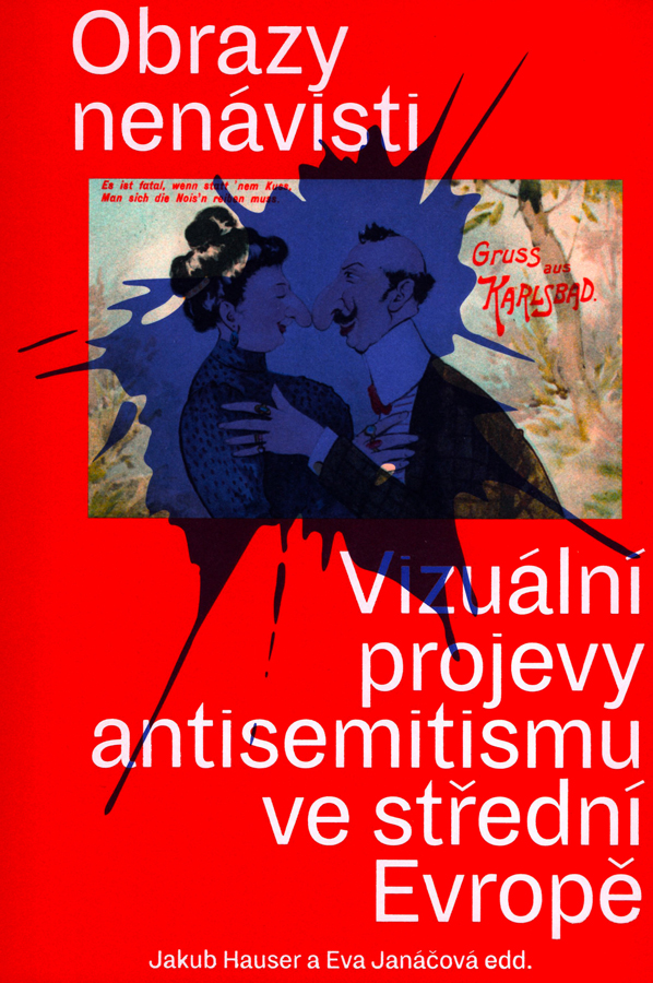 červená obálka knihy s pohlednicí-karikaturou