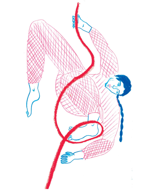 Ilustrace akrobatky na šále od Dorothey Hofmeisterové z příručkyTěloCIRK