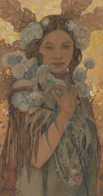 Alfons Mucha: Žena s květy a pery