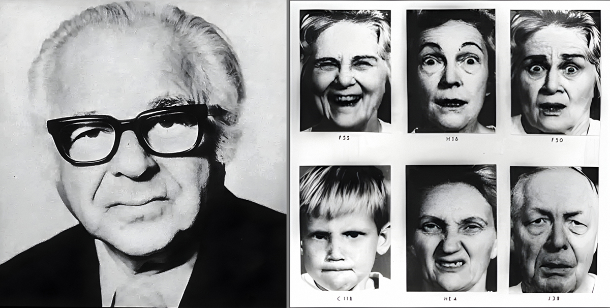 Americký psycholog a teoretik afektu Silvan Tomkins a šest fotografií použitých Tomkinsem v roce 1962 při jeho výzkumu afektů,