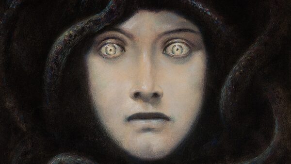 Výřez z pastelu Franze von Stucka Hlava medúzy