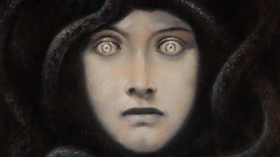 Výřez z pastelu Franze von Stucka Hlava medúzy