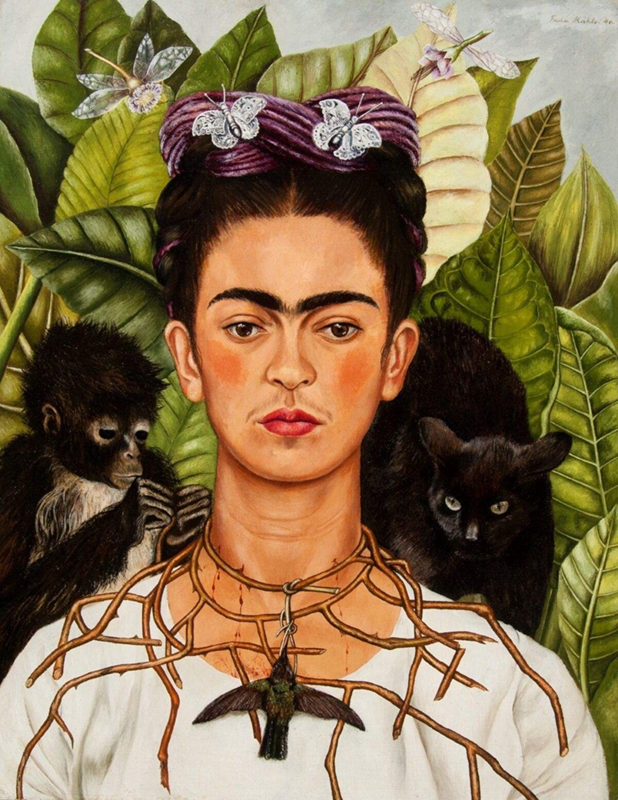 Frida Kahlo: Bez názvu (autoportrét s trnovým náhrdelníkem a kolibříkem)