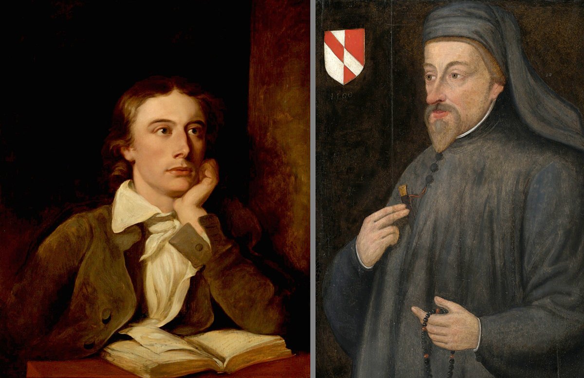 Vlevo anglický romantický básník John Keats, vpravo Geoffrey Chaucer