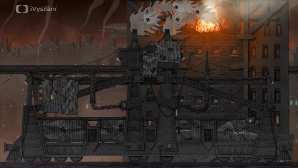 animace tajemného vlaku, v pozadí hořící budova